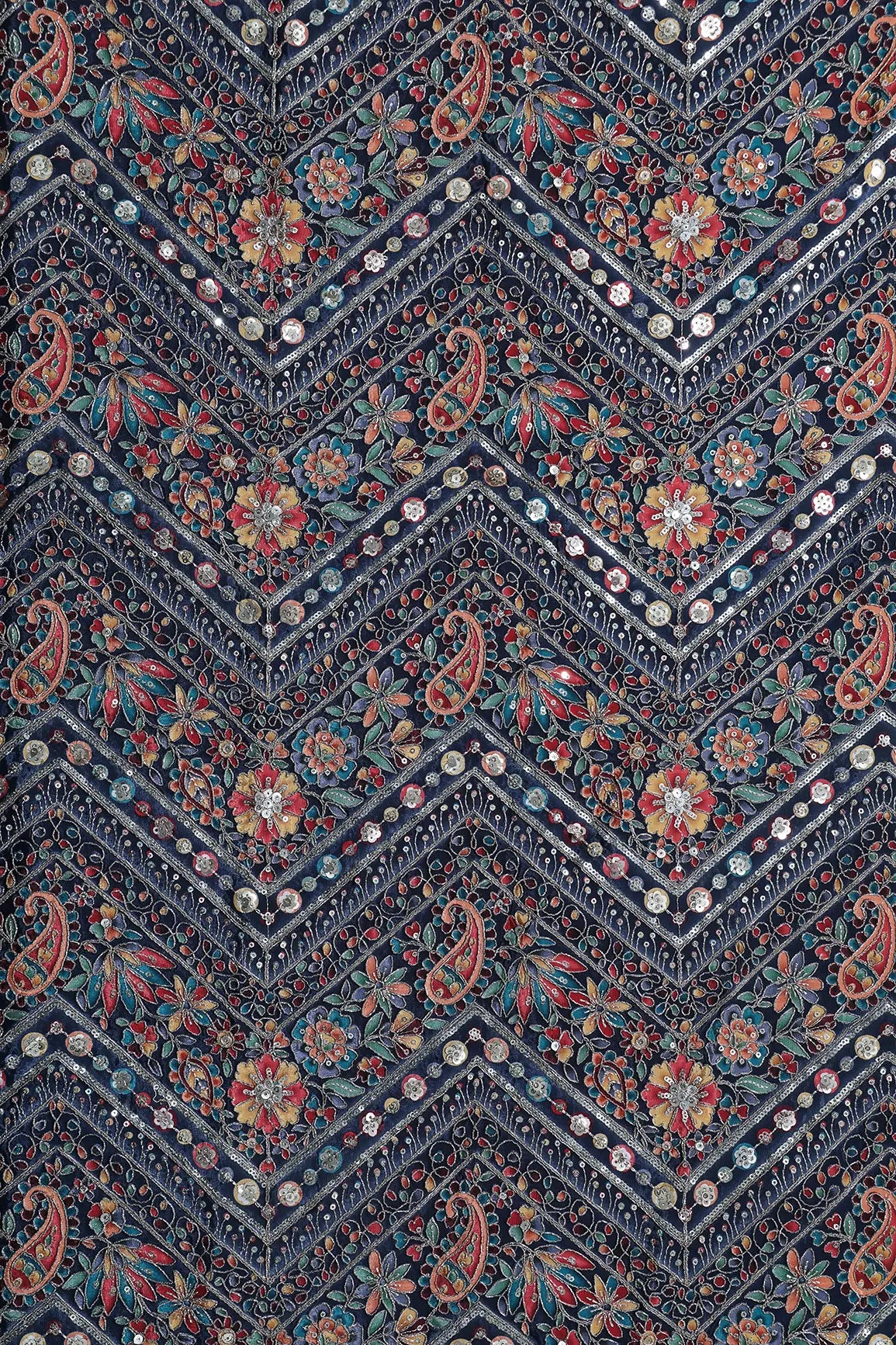Zari & Sequins With Multi Color Chevron Print Heavy Embroidery Work On Navy Blue Pure Crepe Fabric