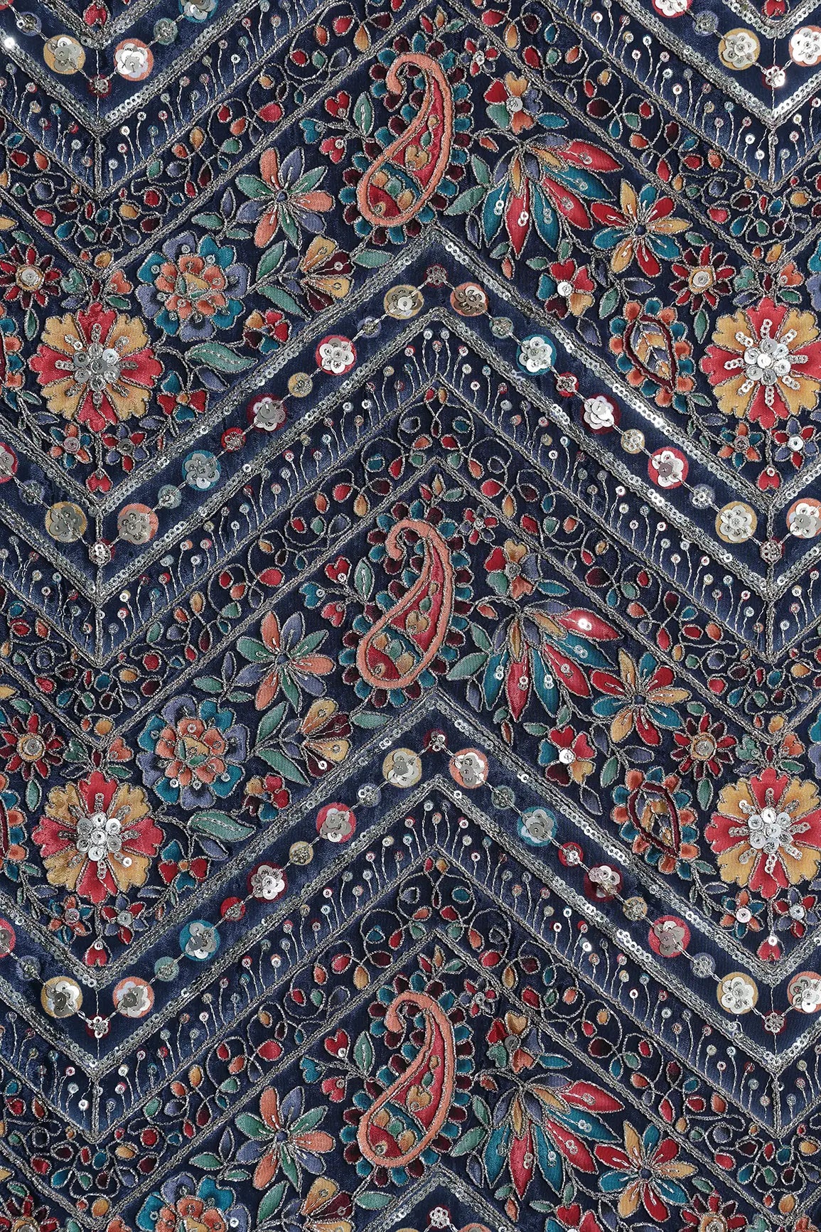 Zari & Sequins With Multi Color Chevron Print Heavy Embroidery Work On Navy Blue Pure Crepe Fabric