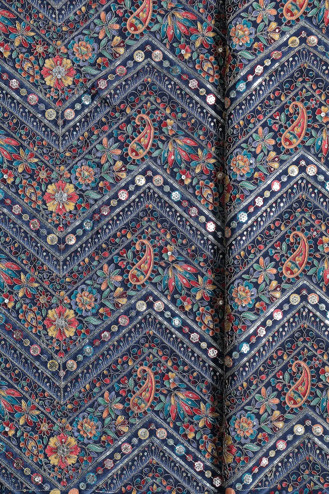 Zari & Sequins With Multi Color Chevron Print Heavy Embroidery Work On Navy Blue Pure Crepe Fabric
