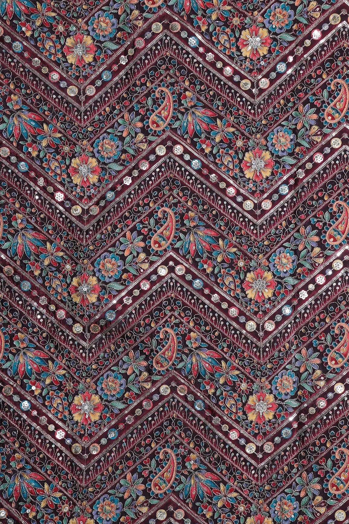 Zari & Sequins With Multi Color Chevron Print Heavy Embroidery Work On Maroon Pure Crepe Fabric