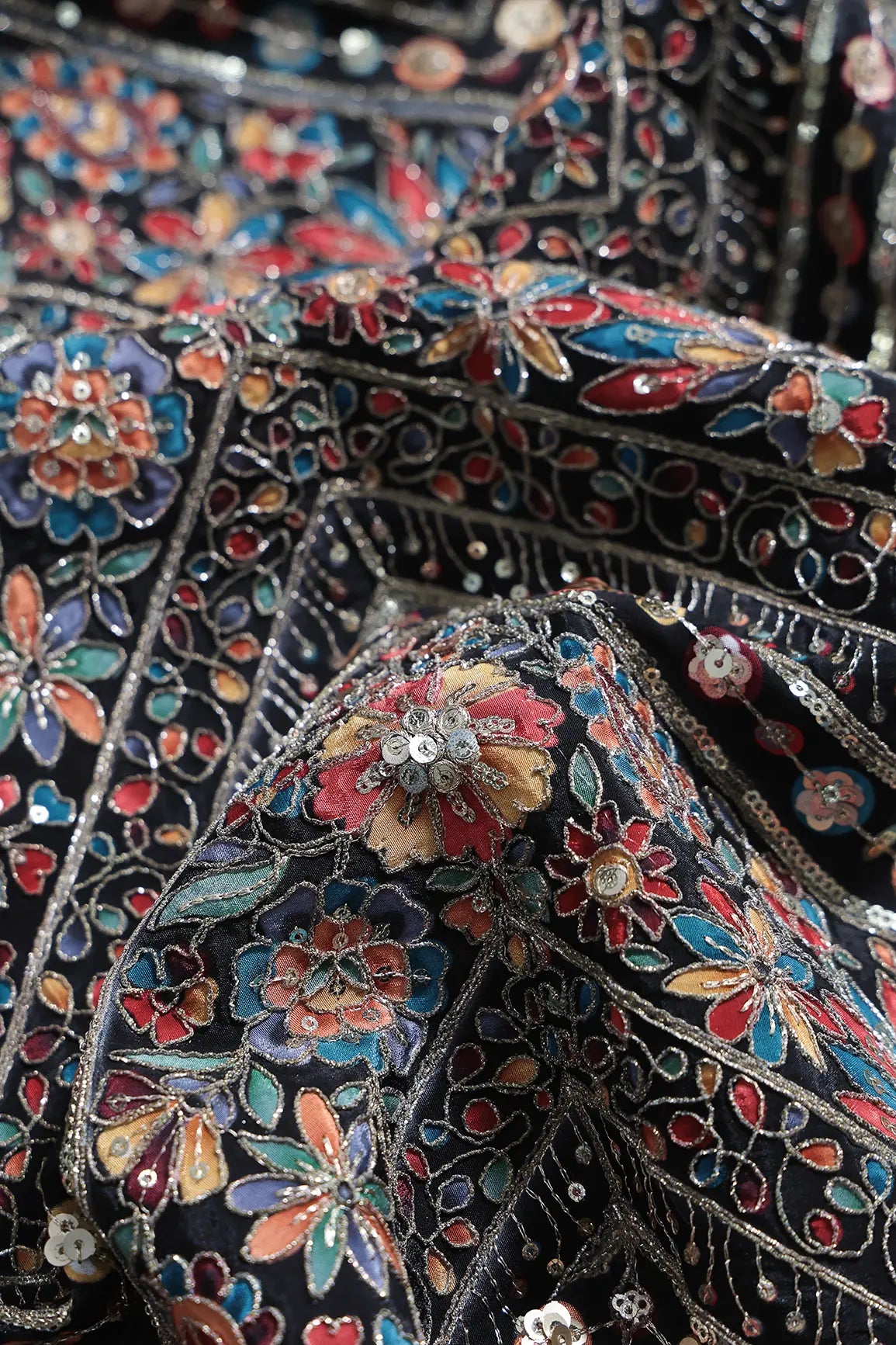 Zari & Sequins With Multi Color Chevron Print Heavy Embroidery Work On Black Pure Crepe Fabric