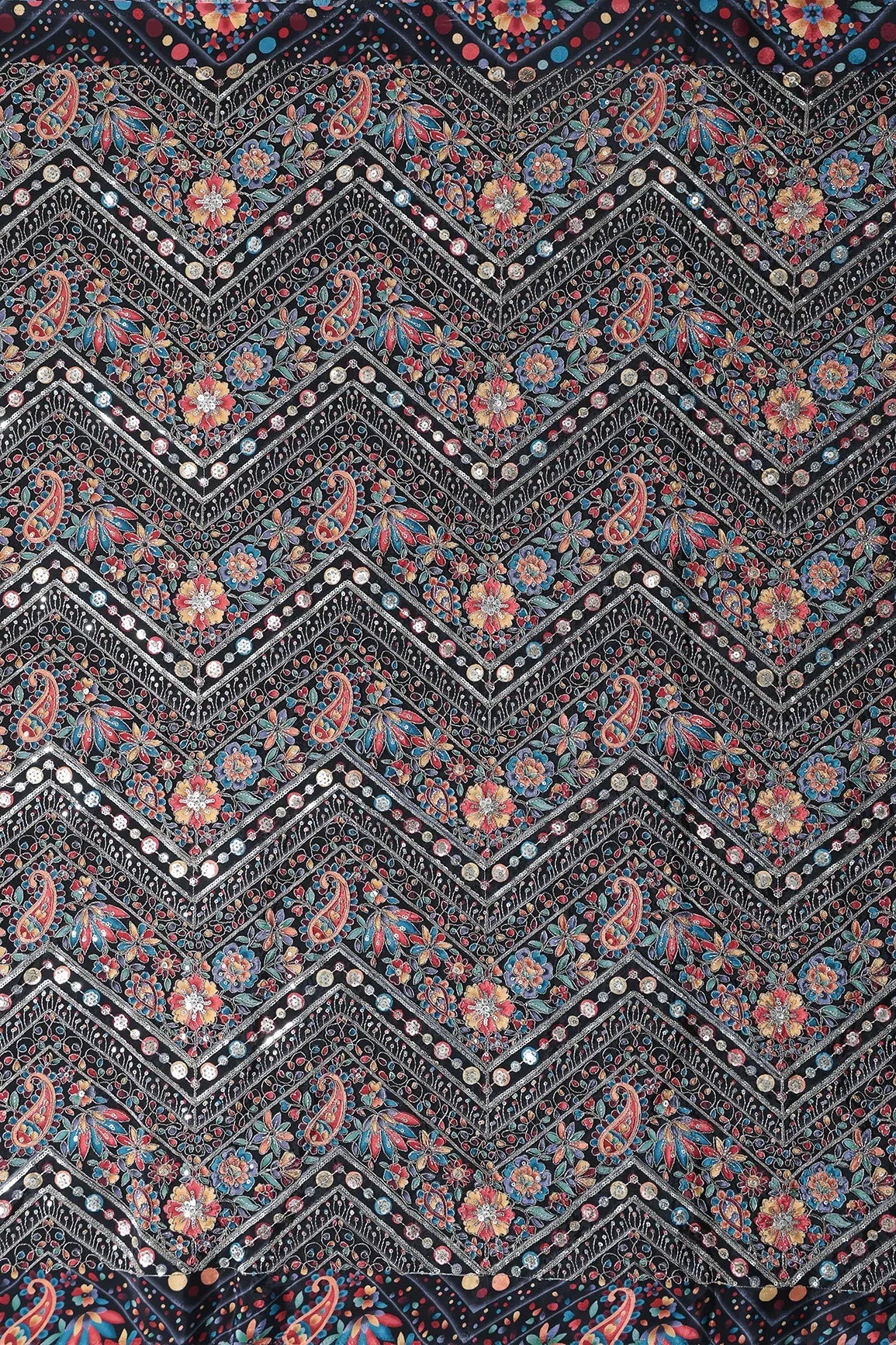 Zari & Sequins With Multi Color Chevron Print Heavy Embroidery Work On Black Pure Crepe Fabric