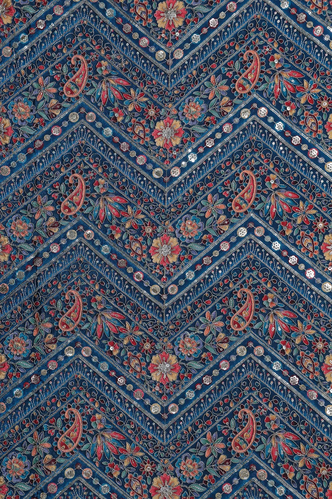 Zari & Sequins With Multi Color Chevron Print Heavy Embroidery Work On Rama Pure Crepe Fabric