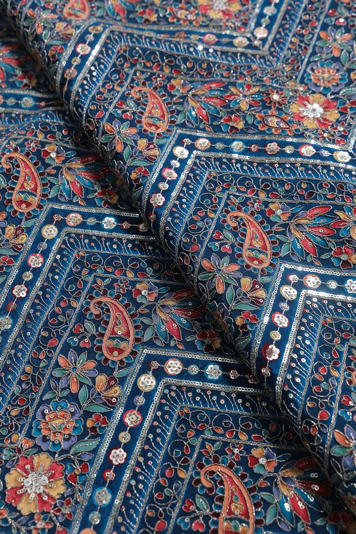 Zari & Sequins With Multi Color Chevron Print Heavy Embroidery Work On Rama Pure Crepe Fabric