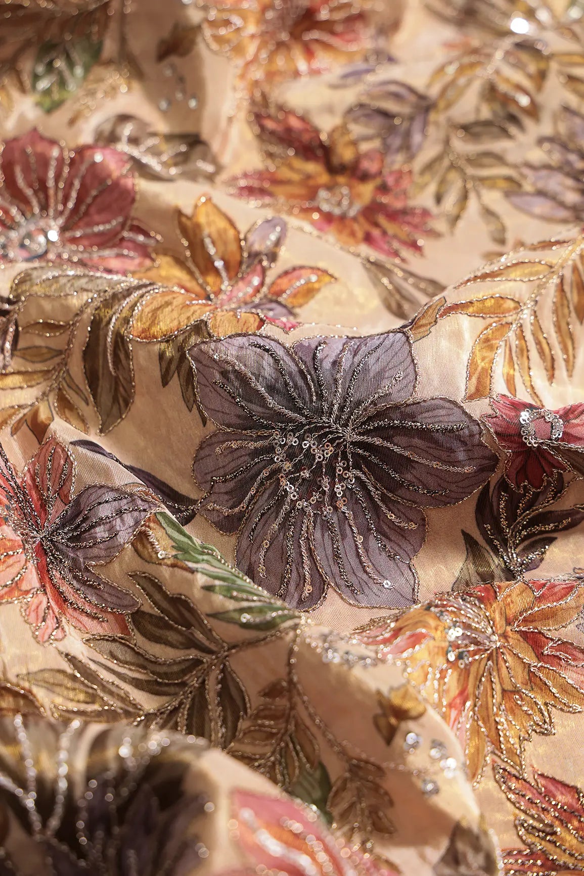 Floral Position Print On Sequins With Zari Embroidery Beige Shiny Viscose Zari Tissue Fabric