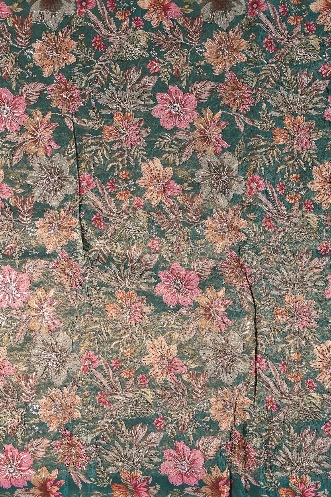 Floral Position Print On Sequins With Zari Embroidery Peacock Green Shiny Viscose Zari Tissue Fabric