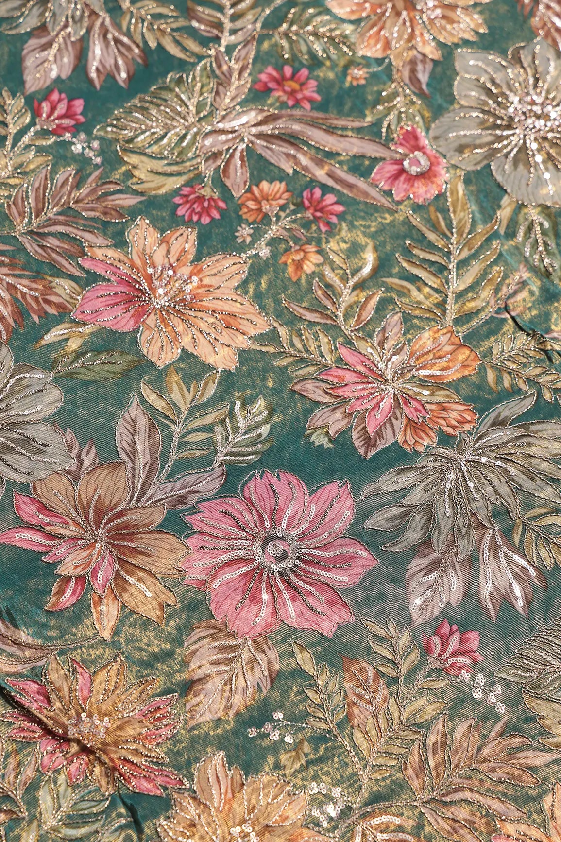Floral Position Print On Sequins With Zari Embroidery Peacock Green Shiny Viscose Zari Tissue Fabric
