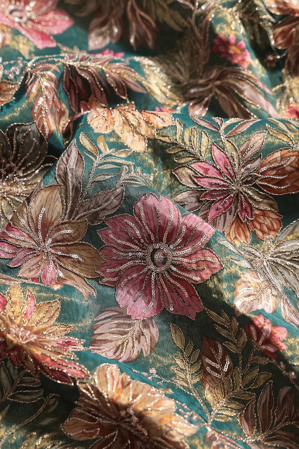 Floral Position Print On Sequins With Zari Embroidery Peacock Green Shiny Viscose Zari Tissue Fabric