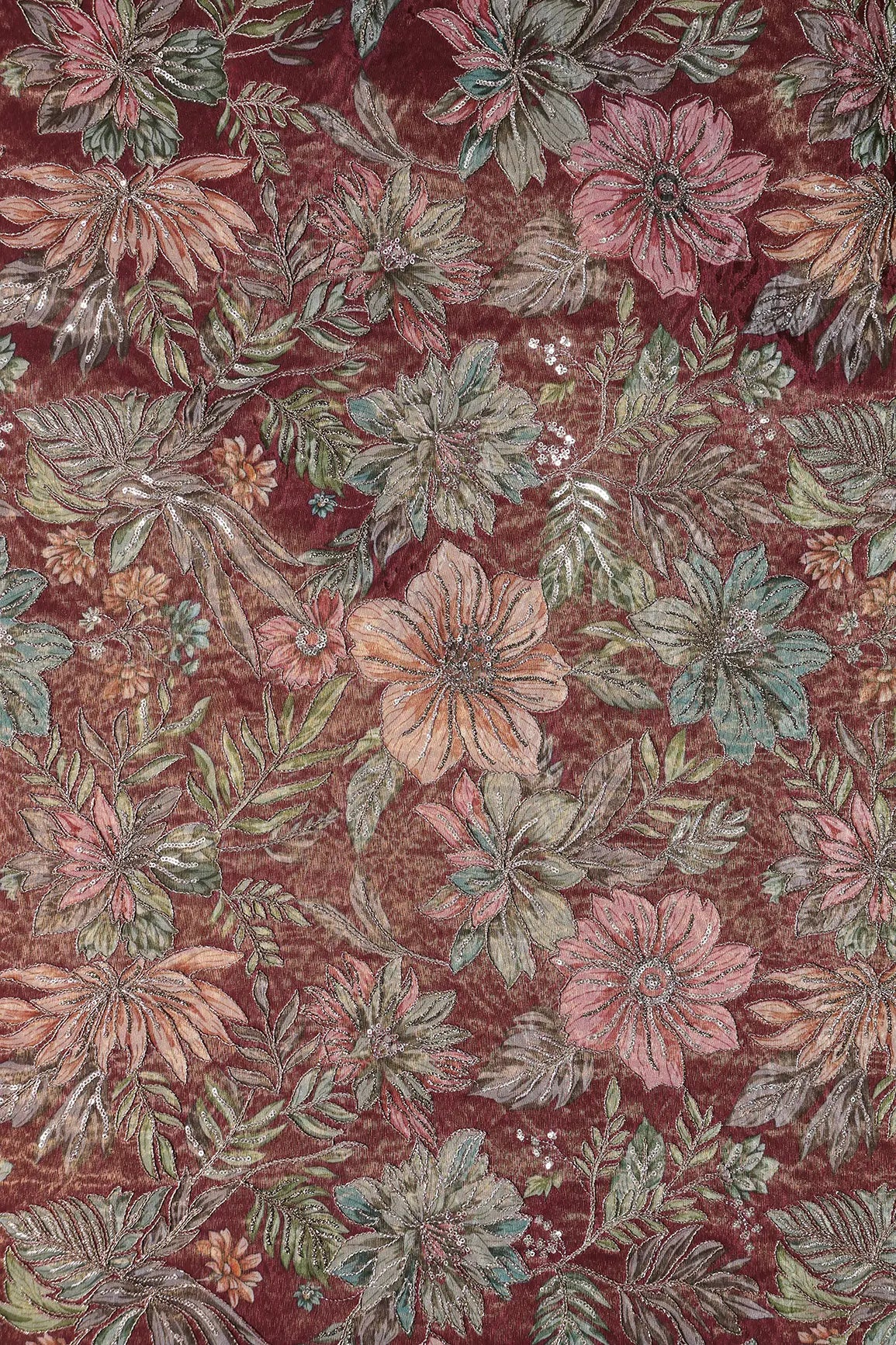 Floral Position Print On Sequins With Zari Embroidery Maroon Shiny Viscose Zari Tissue Fabric