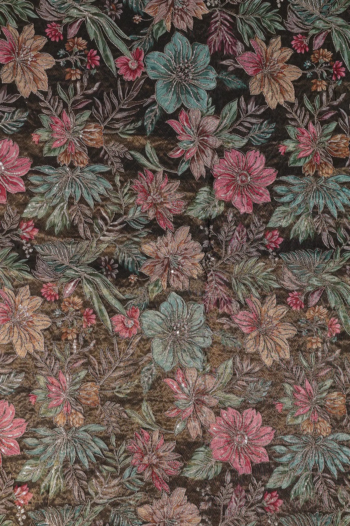 Floral Position Print With Embroidery On Dark Mehendi Green Viscose Zari Tissue Fabric