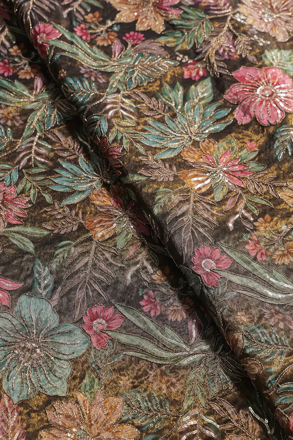 Floral Position Print With Embroidery On Dark Mehendi Green Viscose Zari Tissue Fabric