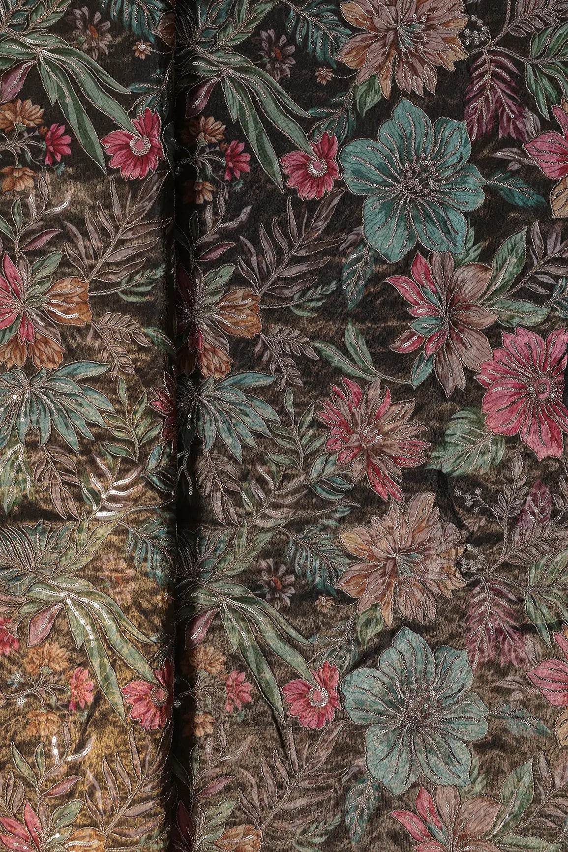 Floral Position Print With Embroidery On Dark Mehendi Green Viscose Zari Tissue Fabric