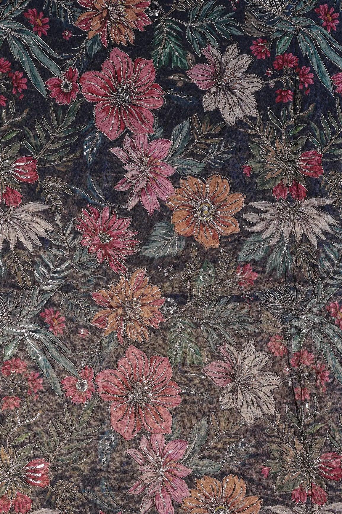 Floral Position Print On Sequins With Zari Embroidery Navy Blue Shiny Viscose Zari Tissue Fabric