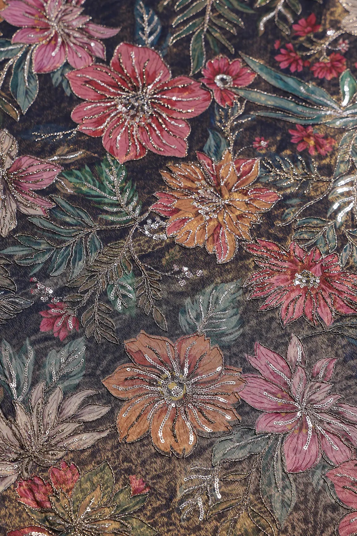 Floral Position Print On Sequins With Zari Embroidery Navy Blue Shiny Viscose Zari Tissue Fabric