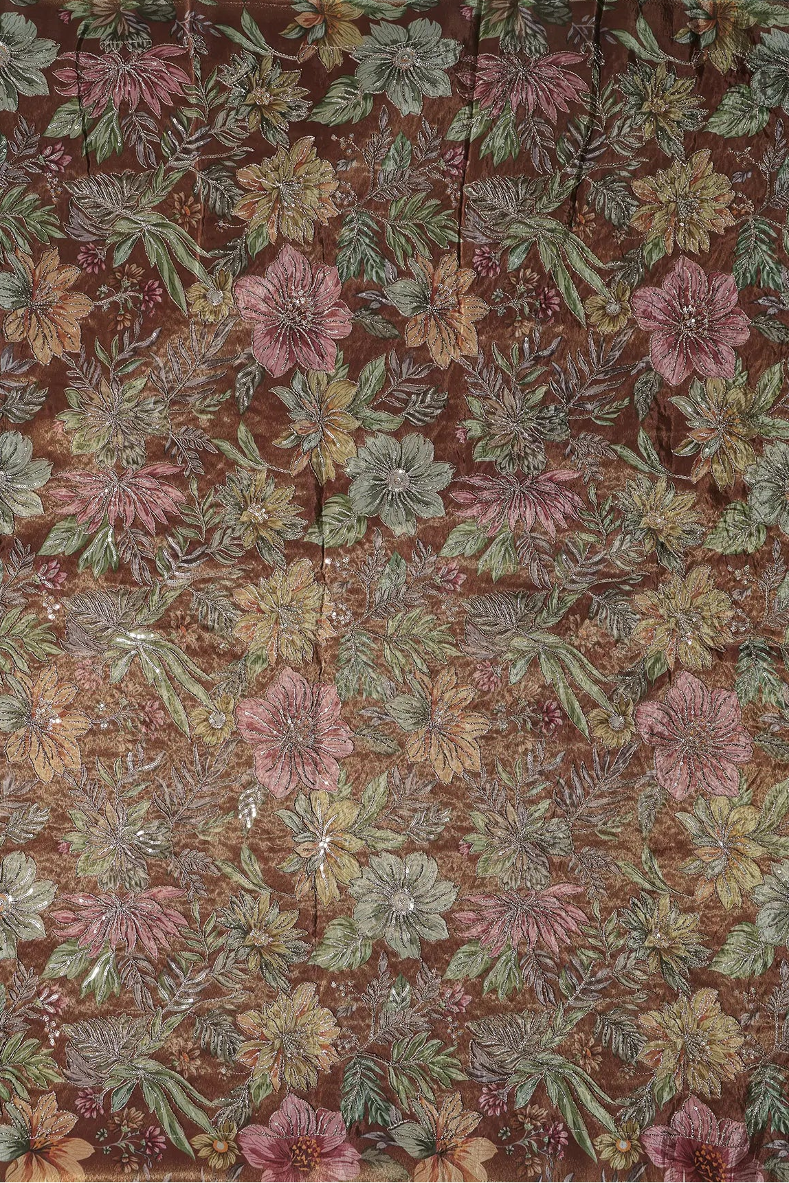 Floral Position Print On Sequins With Zari Embroidery Copper Shiny Viscose Zari Tissue Fabric