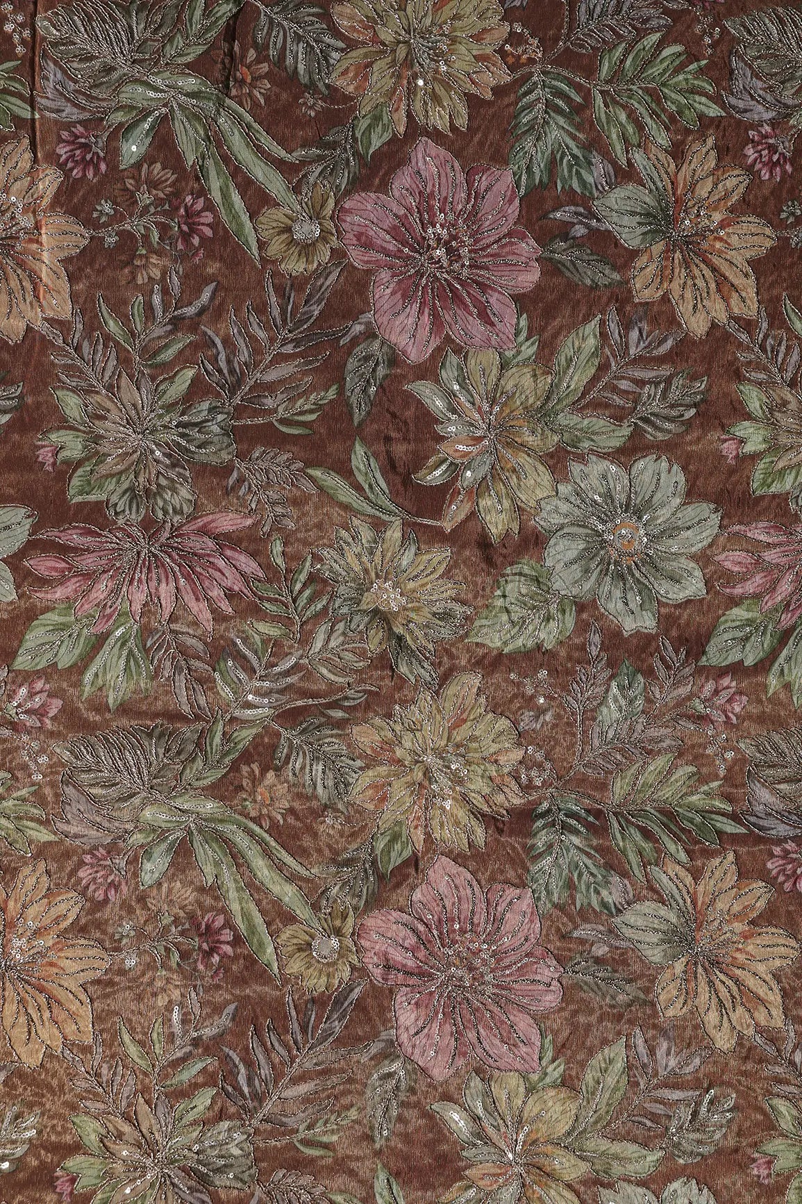 Floral Position Print On Sequins With Zari Embroidery Copper Shiny Viscose Zari Tissue Fabric