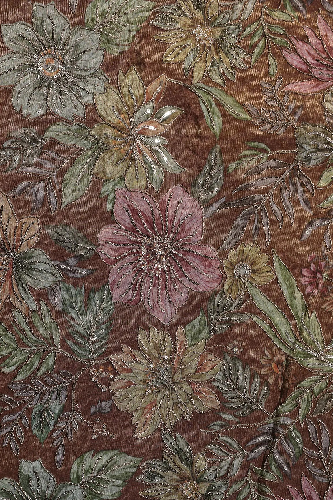 Floral Position Print On Sequins With Zari Embroidery Copper Shiny Viscose Zari Tissue Fabric