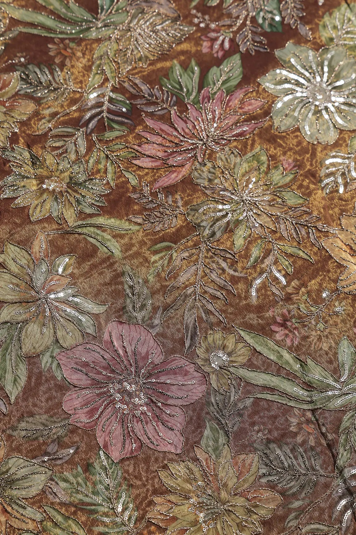 Floral Position Print On Sequins With Zari Embroidery Copper Shiny Viscose Zari Tissue Fabric