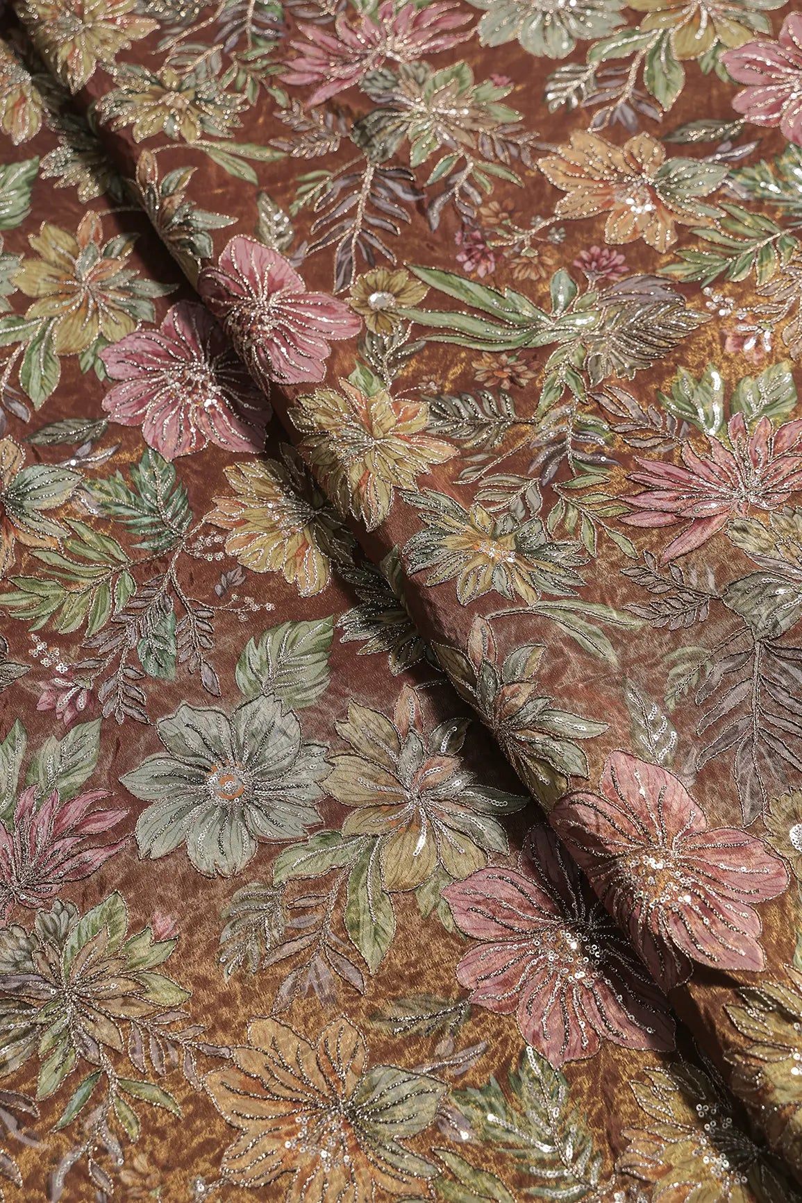 Floral Position Print On Sequins With Zari Embroidery Copper Shiny Viscose Zari Tissue Fabric