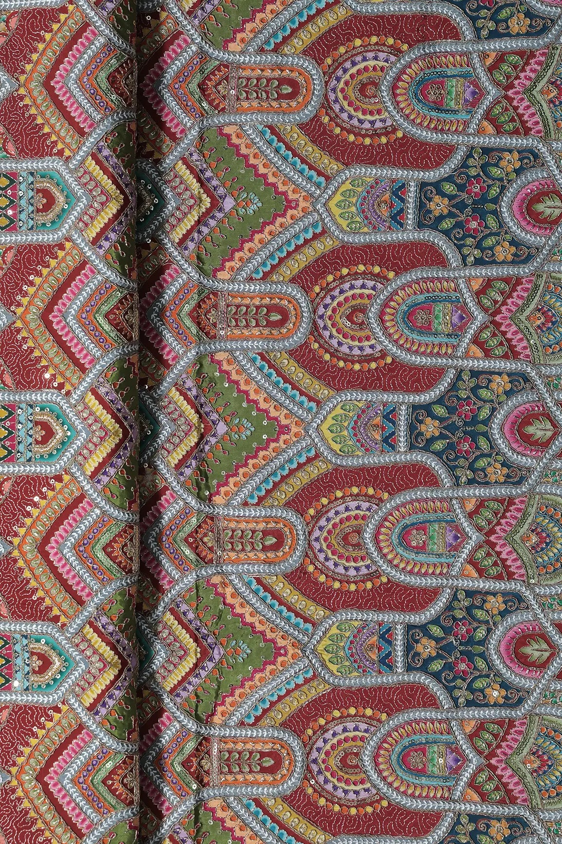 Zari & Sequins With Multi Color Geometric Print Heavy Embroidery Work On Maroon Pure Crepe Fabric