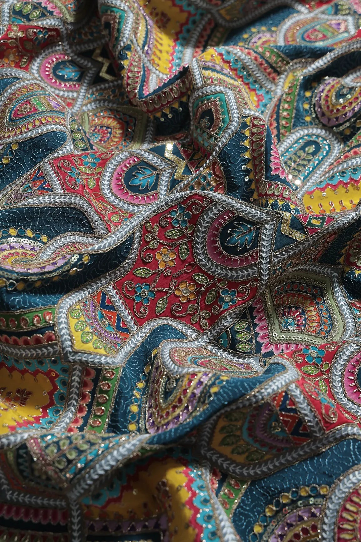 Zari & Sequins With Multi Color Geometric Print Heavy Embroidery Work On Rama Pure Crepe Fabric