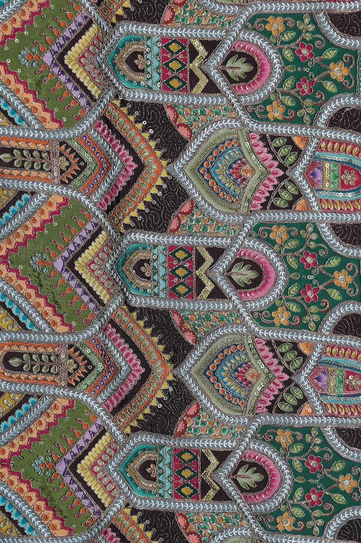 Zari & Sequins With Multi Color Geometric Print Heavy Embroidery Work On Wine Pure Crepe Fabric