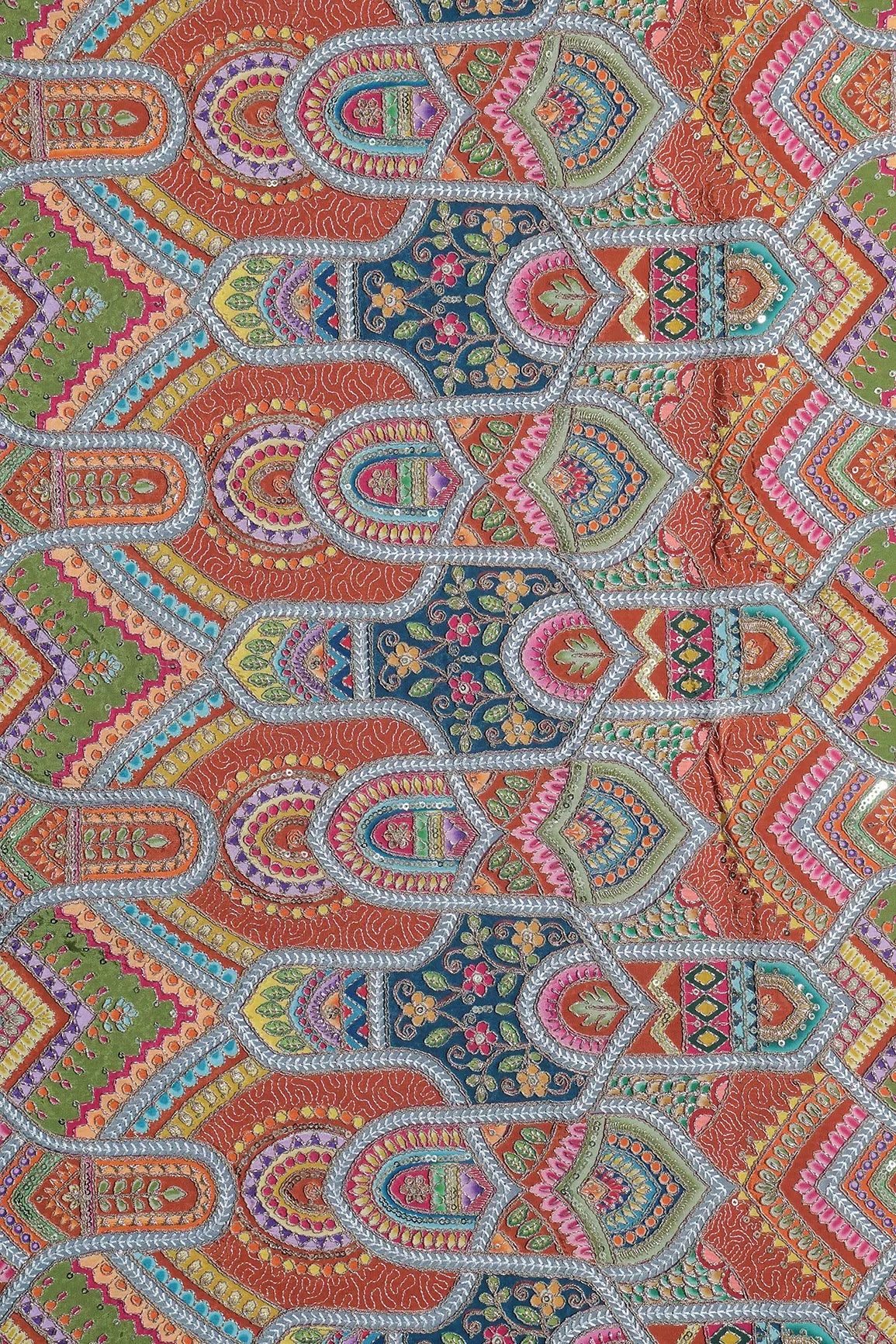 Zari & Sequins With Multi Color Geometric Print Heavy Embroidery Work On Rust Pure Crepe Fabric