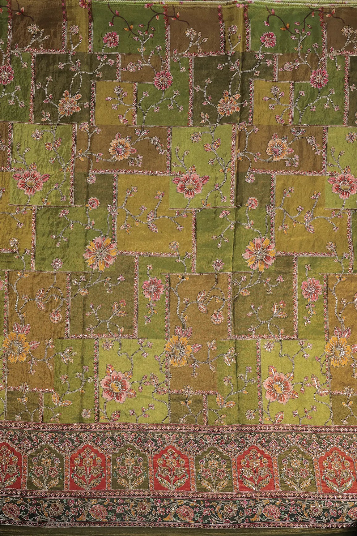 Floral Position Print On Sequins With Zari Embroidery Mehendi Green Viscose Zari Tissue Fabric With Big Border