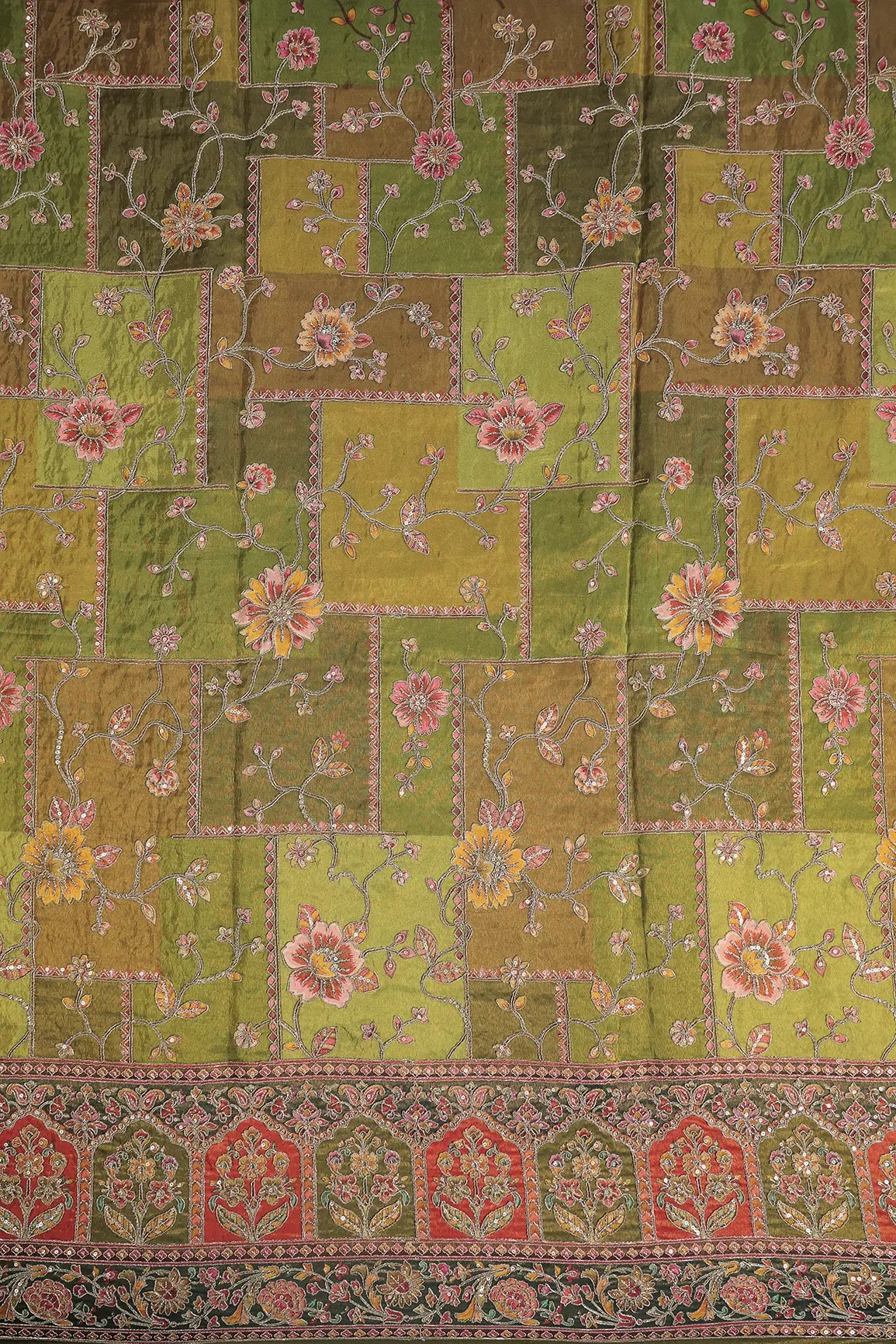 Floral Position Print On Sequins With Zari Embroidery Mehendi Green Viscose Zari Tissue Fabric With Big Border
