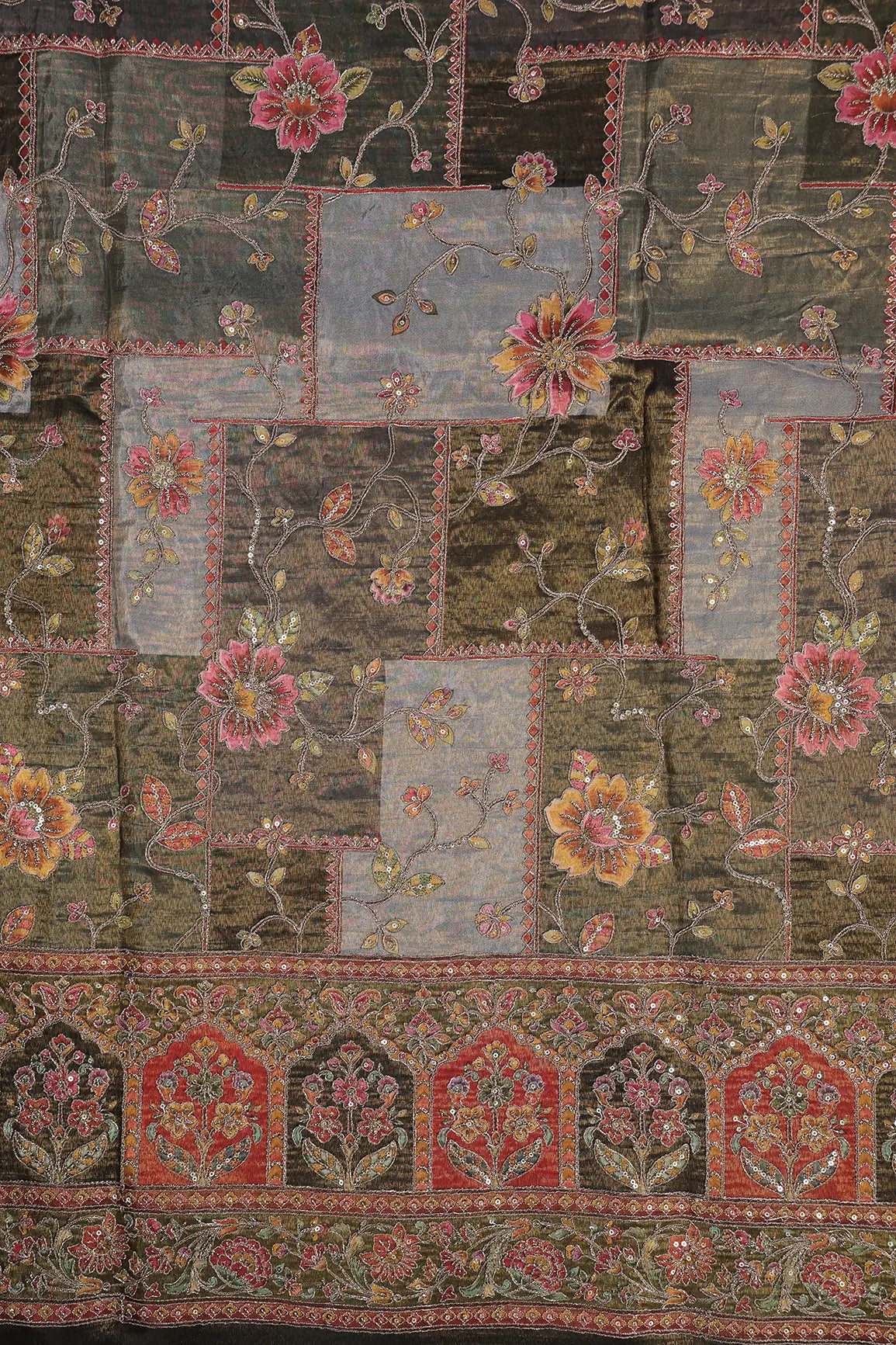 Floral Position Print On Sequins With Zari Embroidery Dark Mehendi Green Viscose Zari Tissue Fabric With Big Border