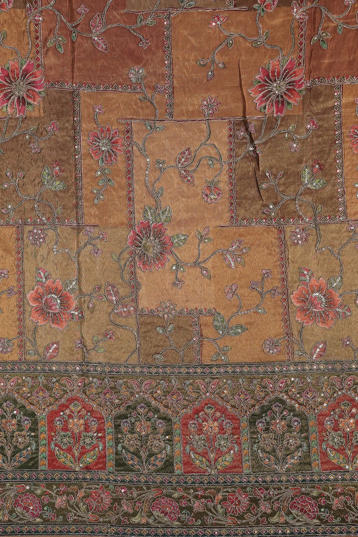 Floral Position Print On Sequins With Zari Embroidery Copper Viscose Zari Tissue Fabric With Big Border