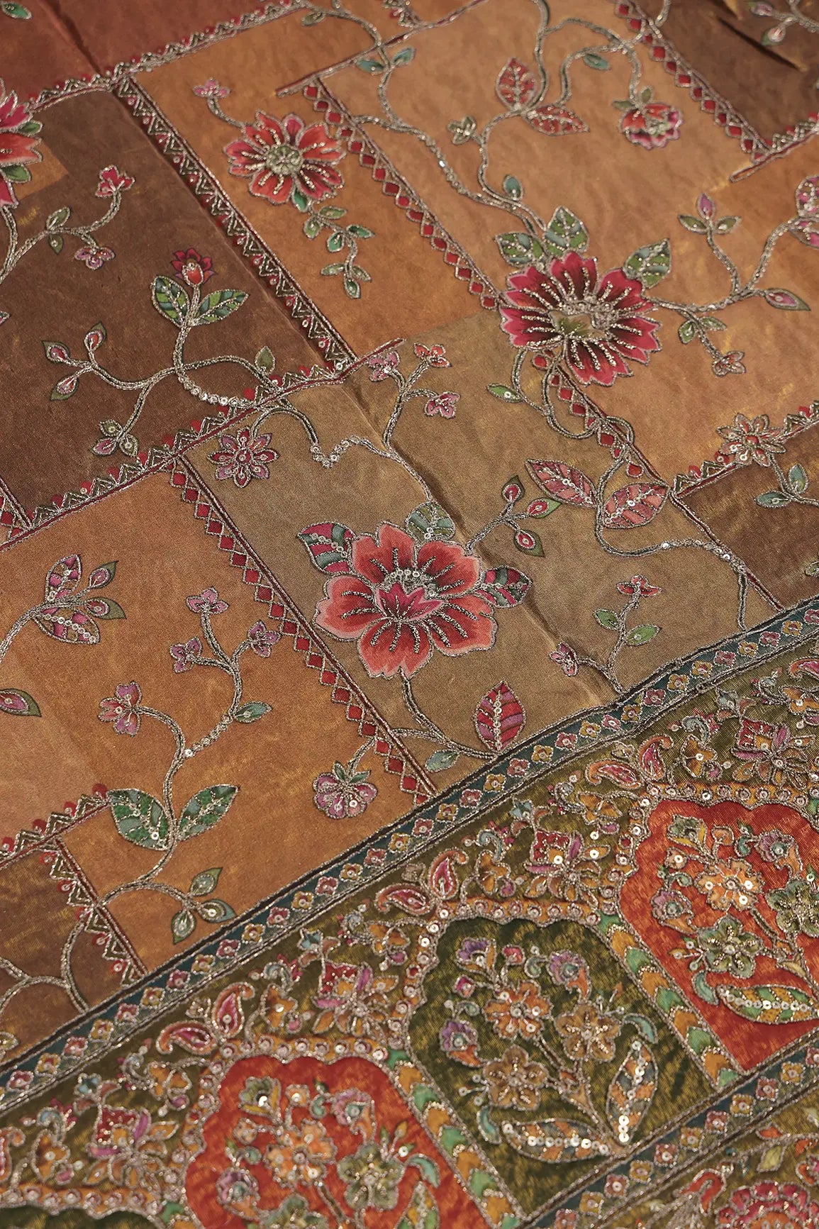 Floral Position Print On Sequins With Zari Embroidery Copper Viscose Zari Tissue Fabric With Big Border