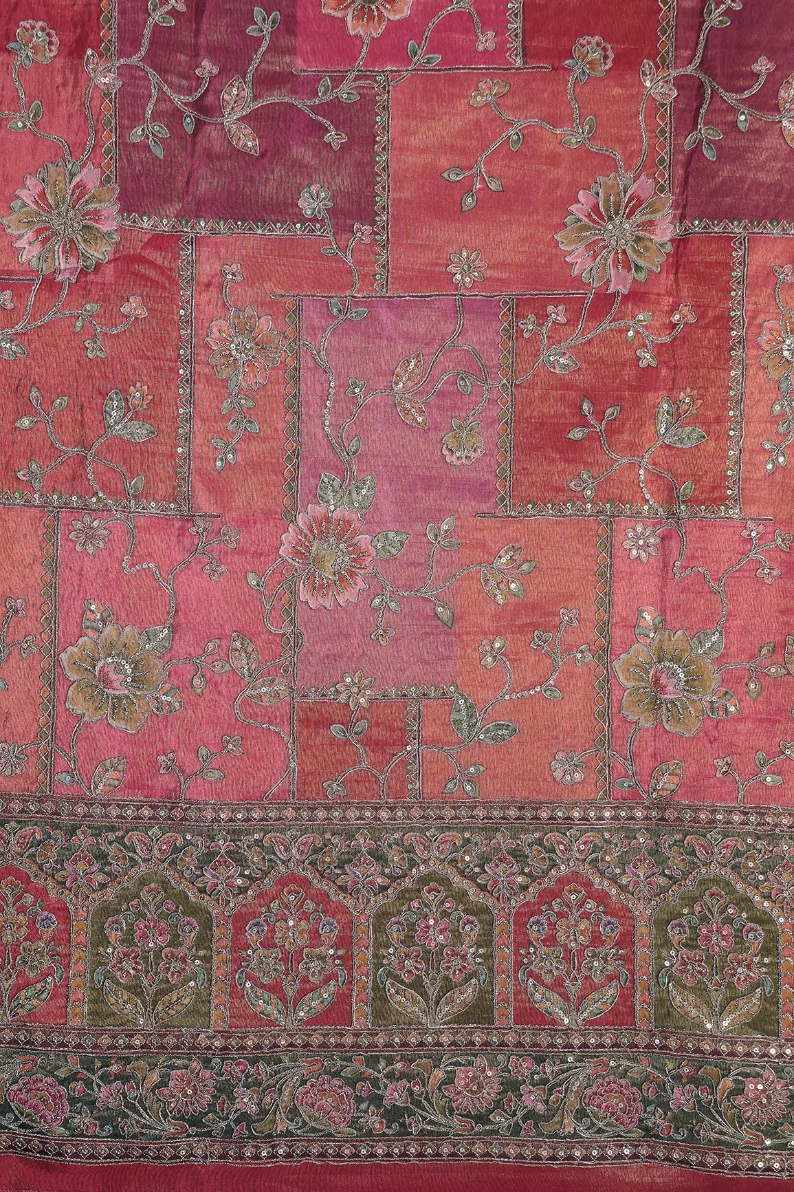 Floral Position Print On Sequins With Zari Embroidery Magenta Pink Viscose Zari Tissue Fabric With Big Border