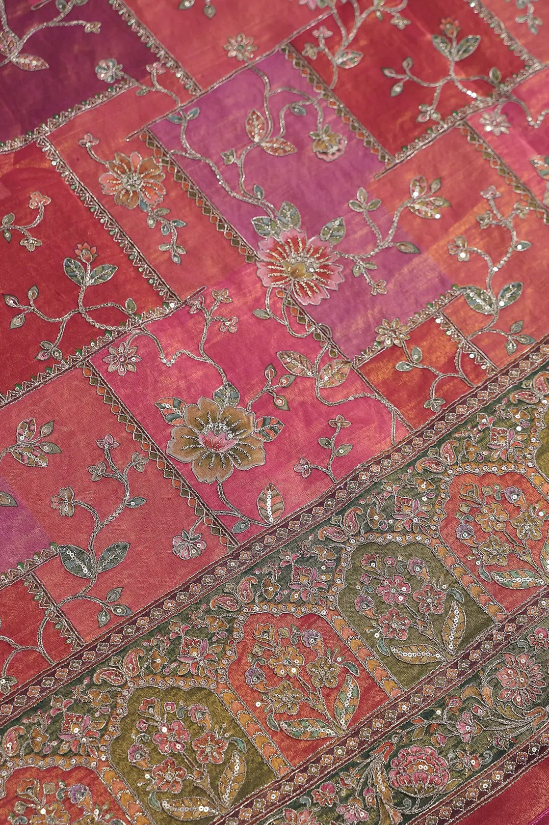 Floral Position Print On Sequins With Zari Embroidery Magenta Pink Viscose Zari Tissue Fabric With Big Border