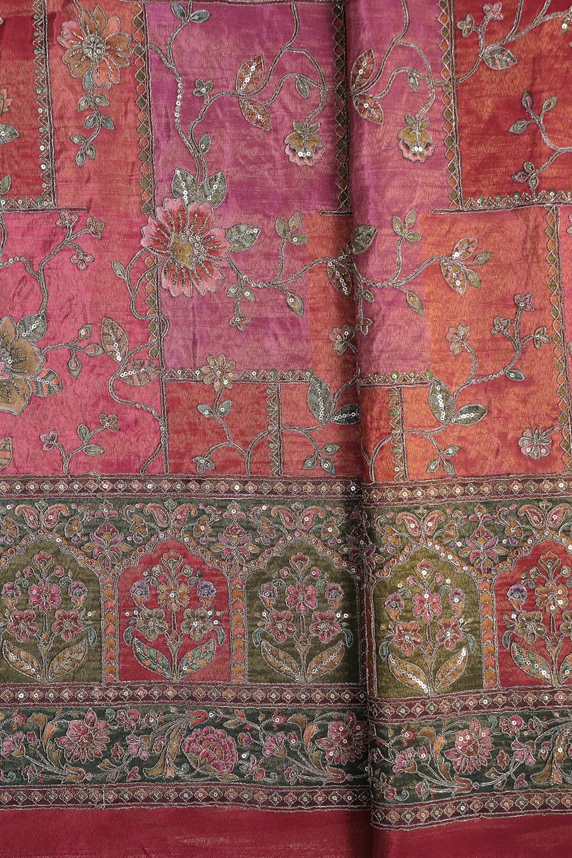 Floral Position Print On Sequins With Zari Embroidery Magenta Pink Viscose Zari Tissue Fabric With Big Border