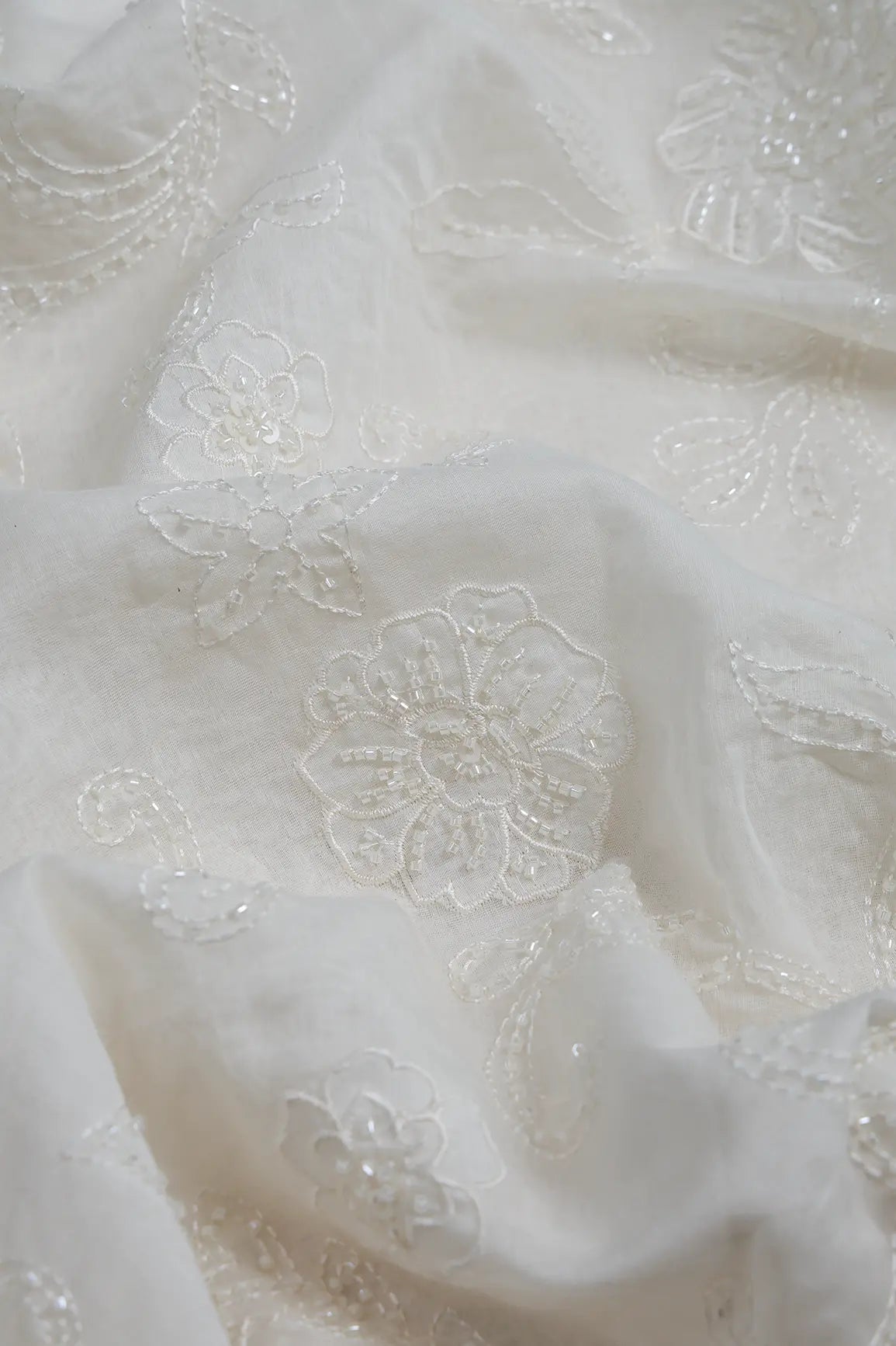 Beautiful Patch Work With Beads Embroidery On Off White Pure Mul Chanderi Silk Fabric