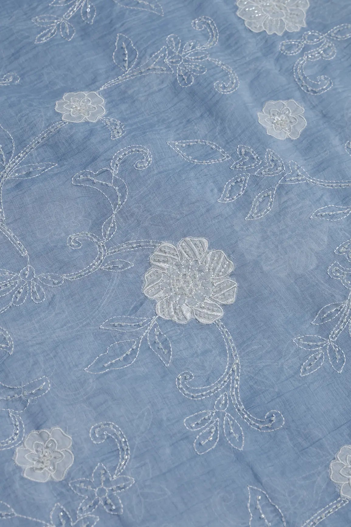 Beautiful Patch Work With Beads Embroidery On Pastel Blue Pure Mul Chanderi Silk Fabric