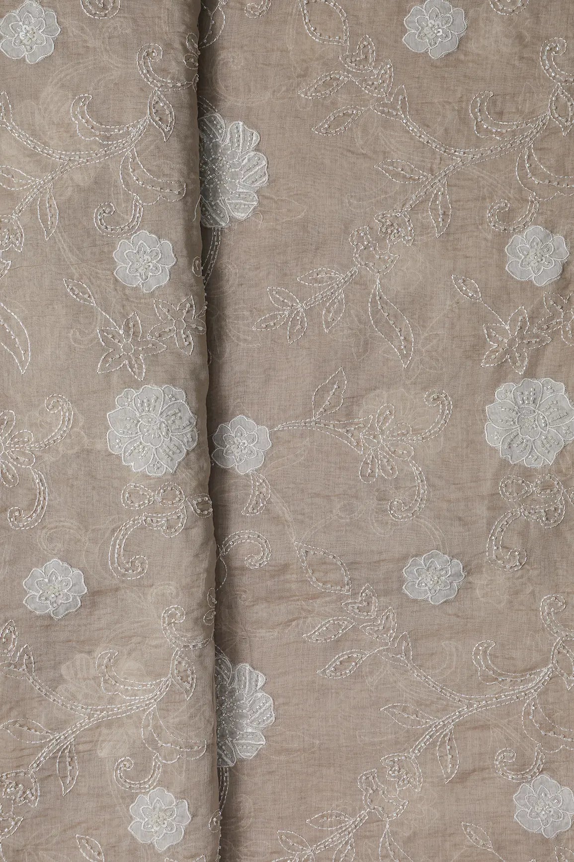 Beautiful Patch Work With Beads Embroidery On Beige Pure Mul Chanderi Silk Fabric