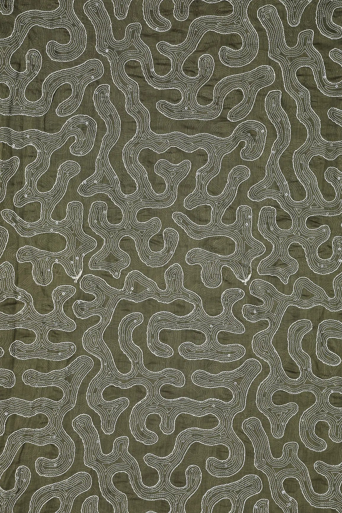 Water Sequins With Thread Appealing Abstract Embroidery On Dark Olive Pure Mul Chanderi Silk Fabric