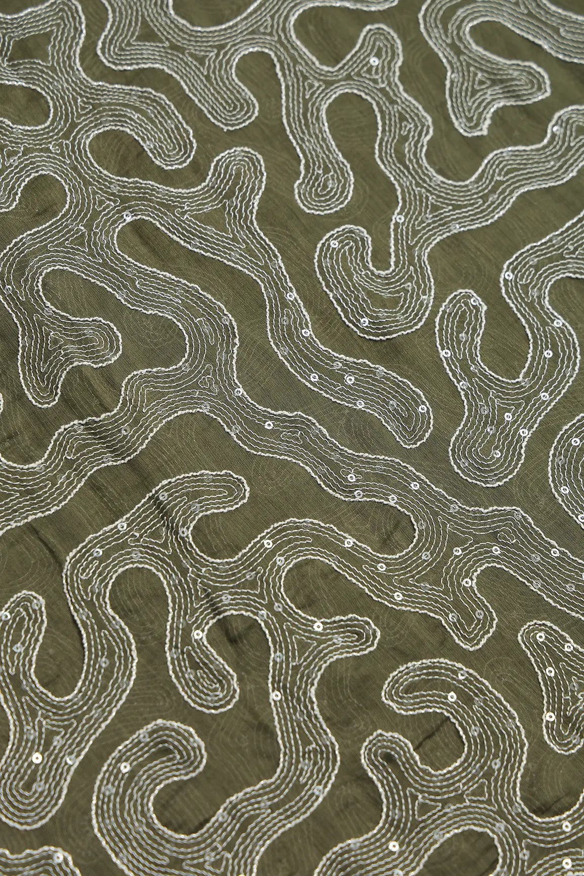 Water Sequins With Thread Appealing Abstract Embroidery On Dark Olive Pure Mul Chanderi Silk Fabric