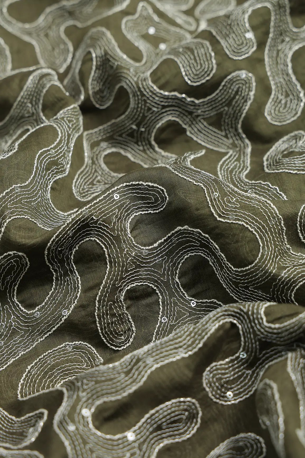 Water Sequins With Thread Appealing Abstract Embroidery On Dark Olive Pure Mul Chanderi Silk Fabric