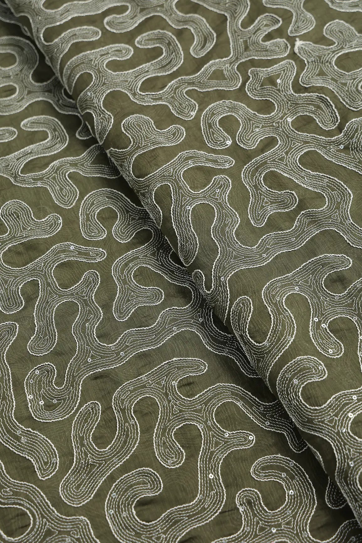 Water Sequins With Thread Appealing Abstract Embroidery On Dark Olive Pure Mul Chanderi Silk Fabric