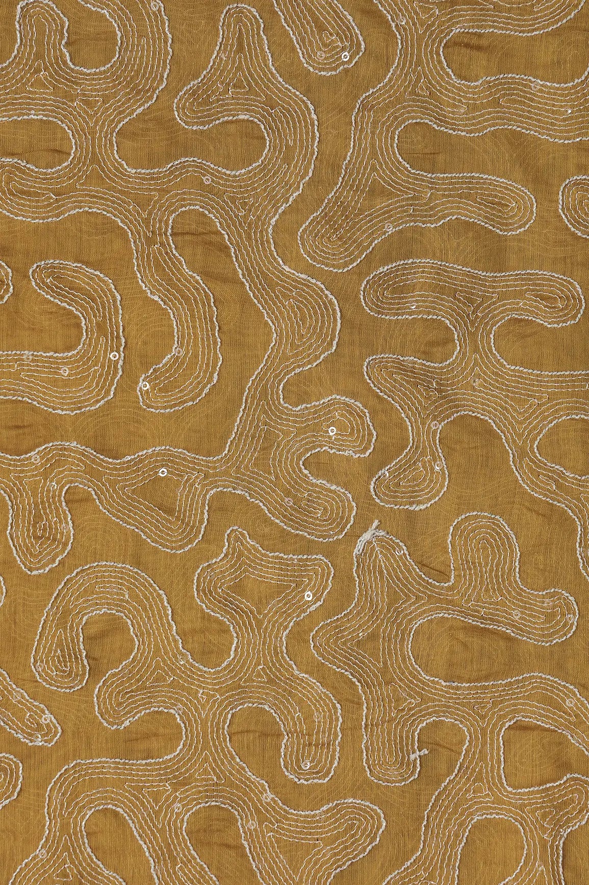Water Sequins With Thread Appealing Abstract Embroidery On Mustard Yellow Pure Mul Chanderi Silk Fabric