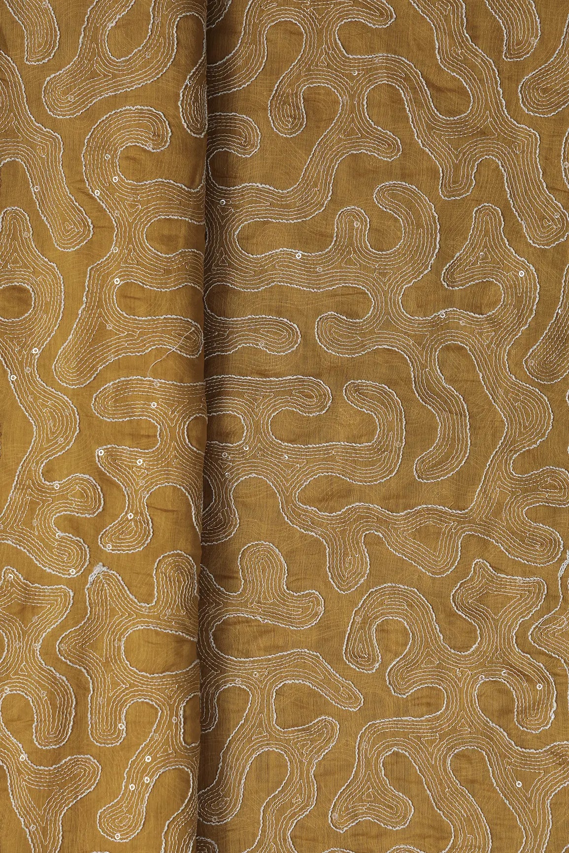 Water Sequins With Thread Appealing Abstract Embroidery On Mustard Yellow Pure Mul Chanderi Silk Fabric