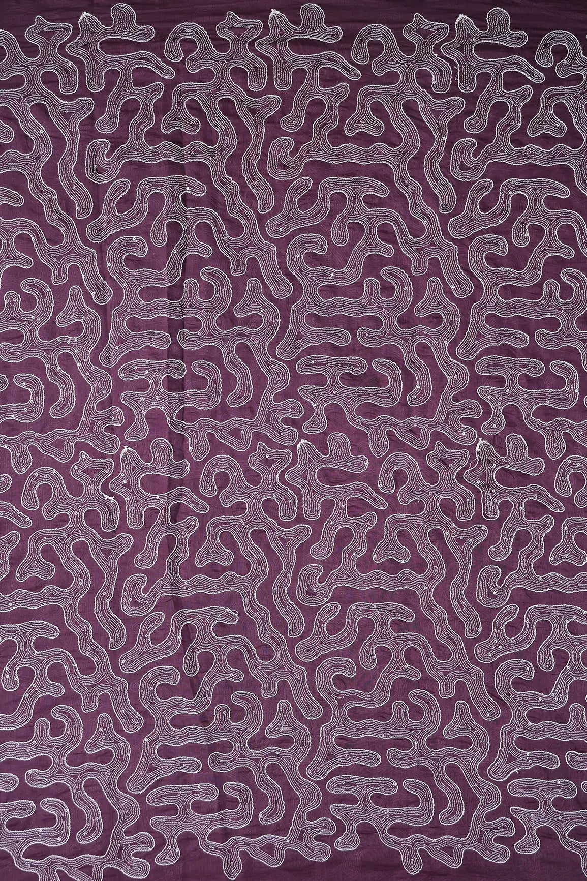 Water Sequins With Thread Appealing Abstract Embroidery On Plum Purple Pure Mul Chanderi Silk Fabric