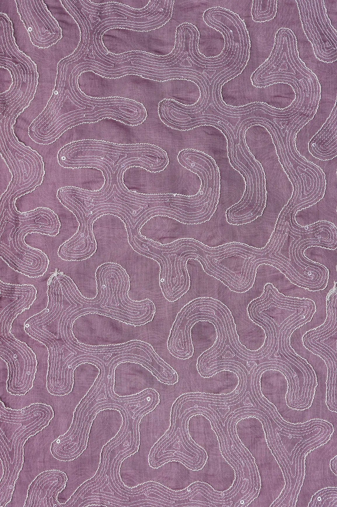 Water Sequins With Thread Appealing Abstract Embroidery On Lavender Pure Mul Chanderi Silk Fabric