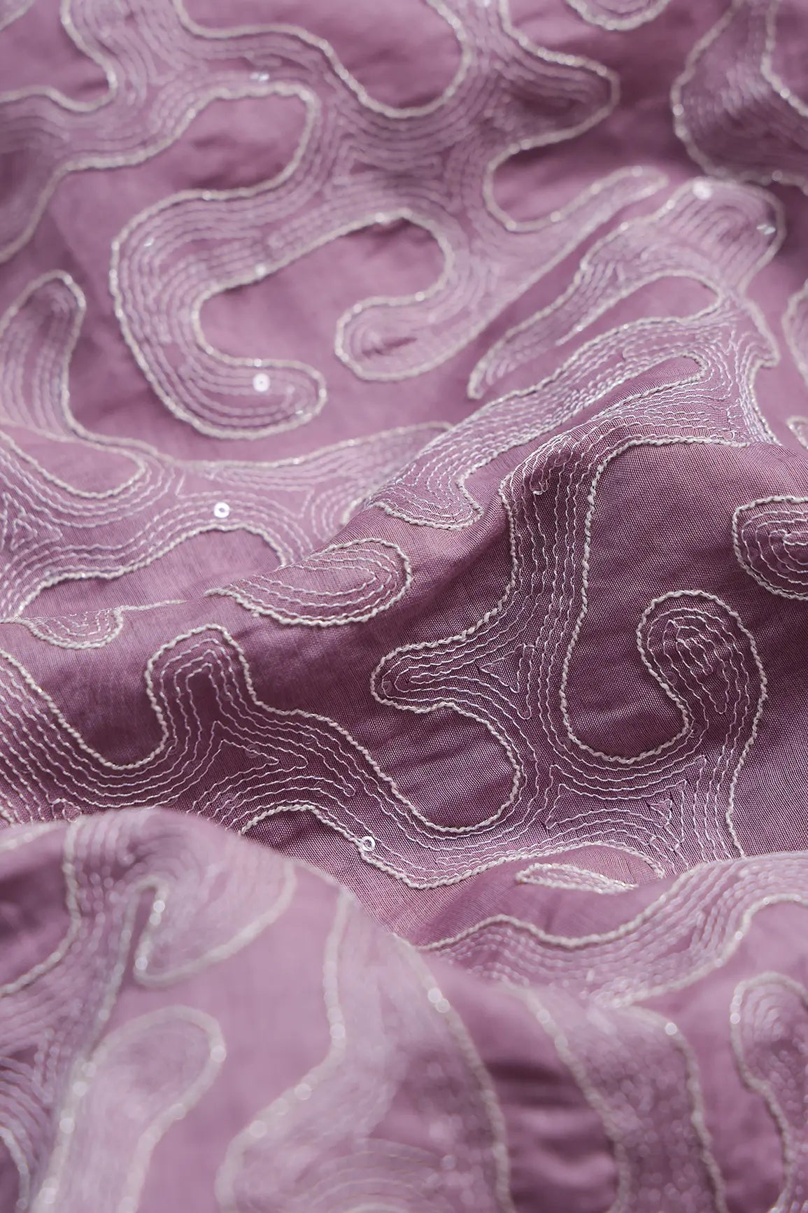 Water Sequins With Thread Appealing Abstract Embroidery On Lavender Pure Mul Chanderi Silk Fabric
