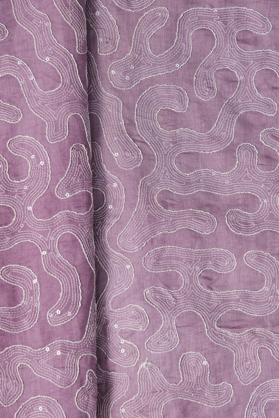 Water Sequins With Thread Appealing Abstract Embroidery On Lavender Pure Mul Chanderi Silk Fabric