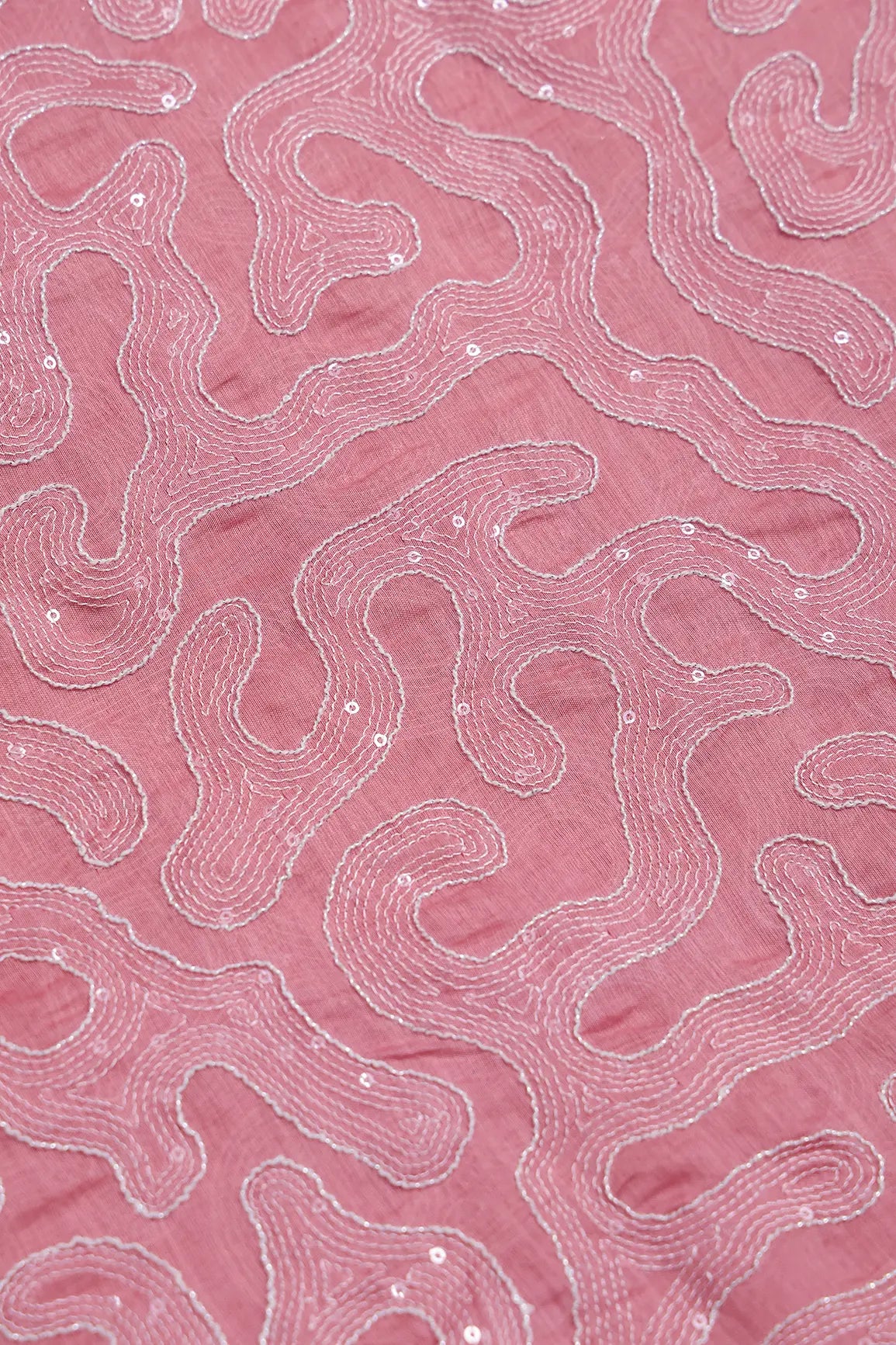 Water Sequins With Thread Appealing Abstract Embroidery On Dusty Pink Pure Mul Chanderi Silk Fabric