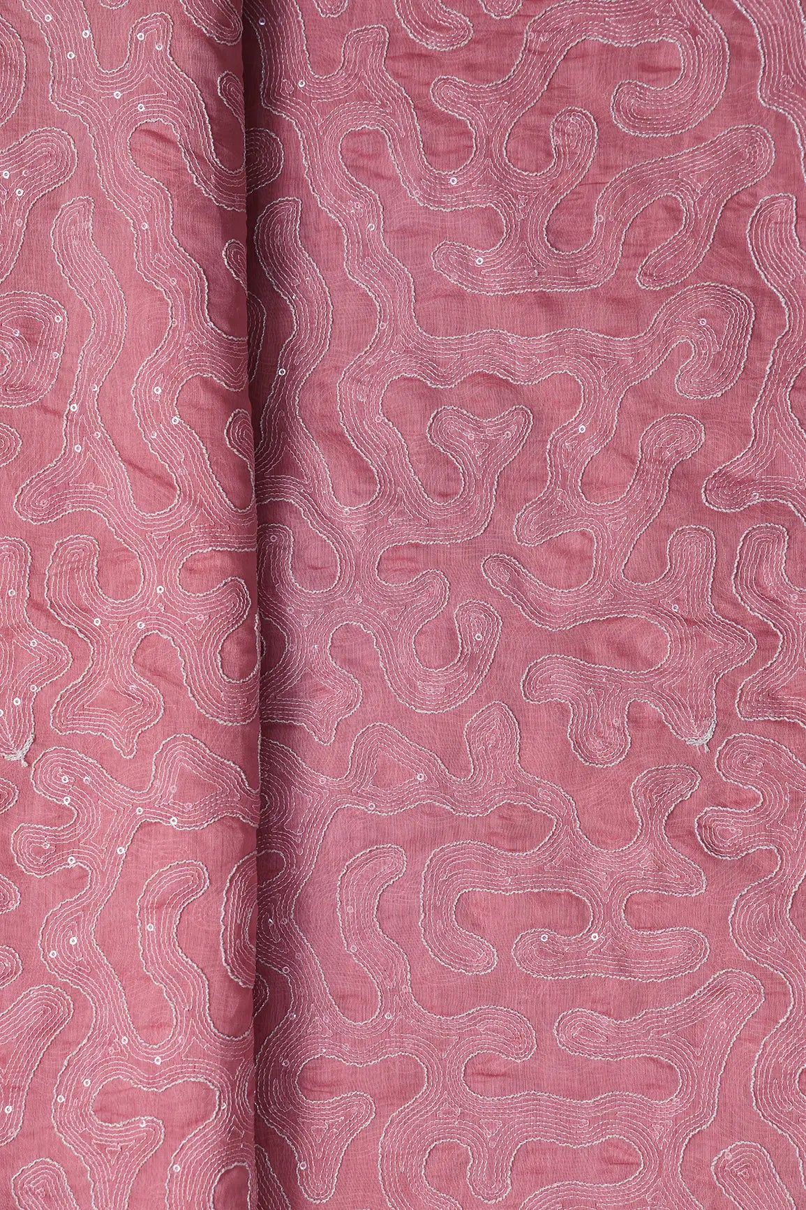 Water Sequins With Thread Appealing Abstract Embroidery On Dusty Pink Pure Mul Chanderi Silk Fabric